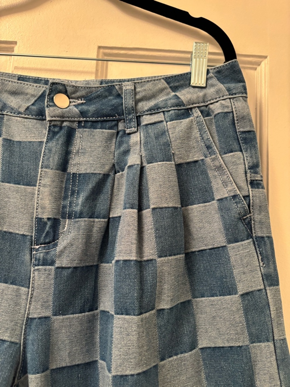 Women’s Checkerboard Denim Wide Leg Pants - Blue - Picture 3 of 5